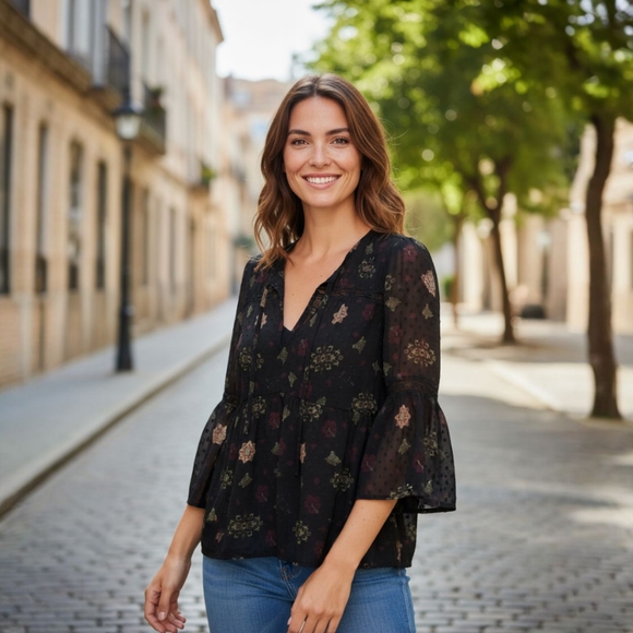 Lucky Brand Black Sheer Textured Boho Blouse with Bell Sleeves and Lace Inserts - Picture 2 of 9